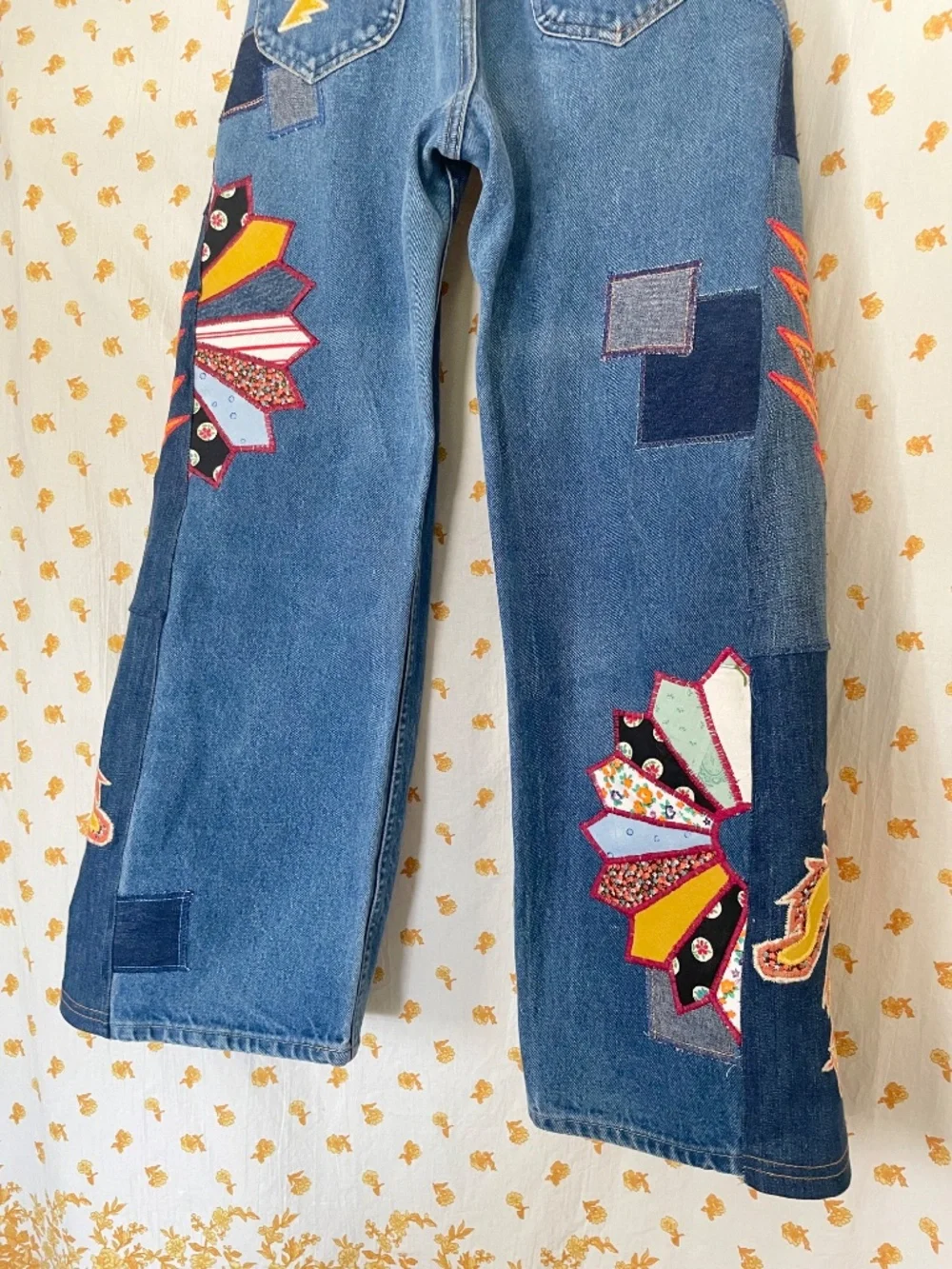 Vintage Lee Upcycled Patchwork Jeans 12P OOAK 70s Hippie Wide Leg - Picture 5 of 12